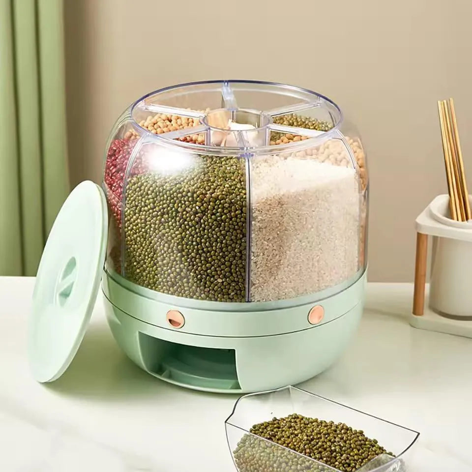 360° Rotating 6-Grid Grain Dispenser | Airtight Cereal & Rice Storage Container 7KG | Kitchen Organizer (Random Color)