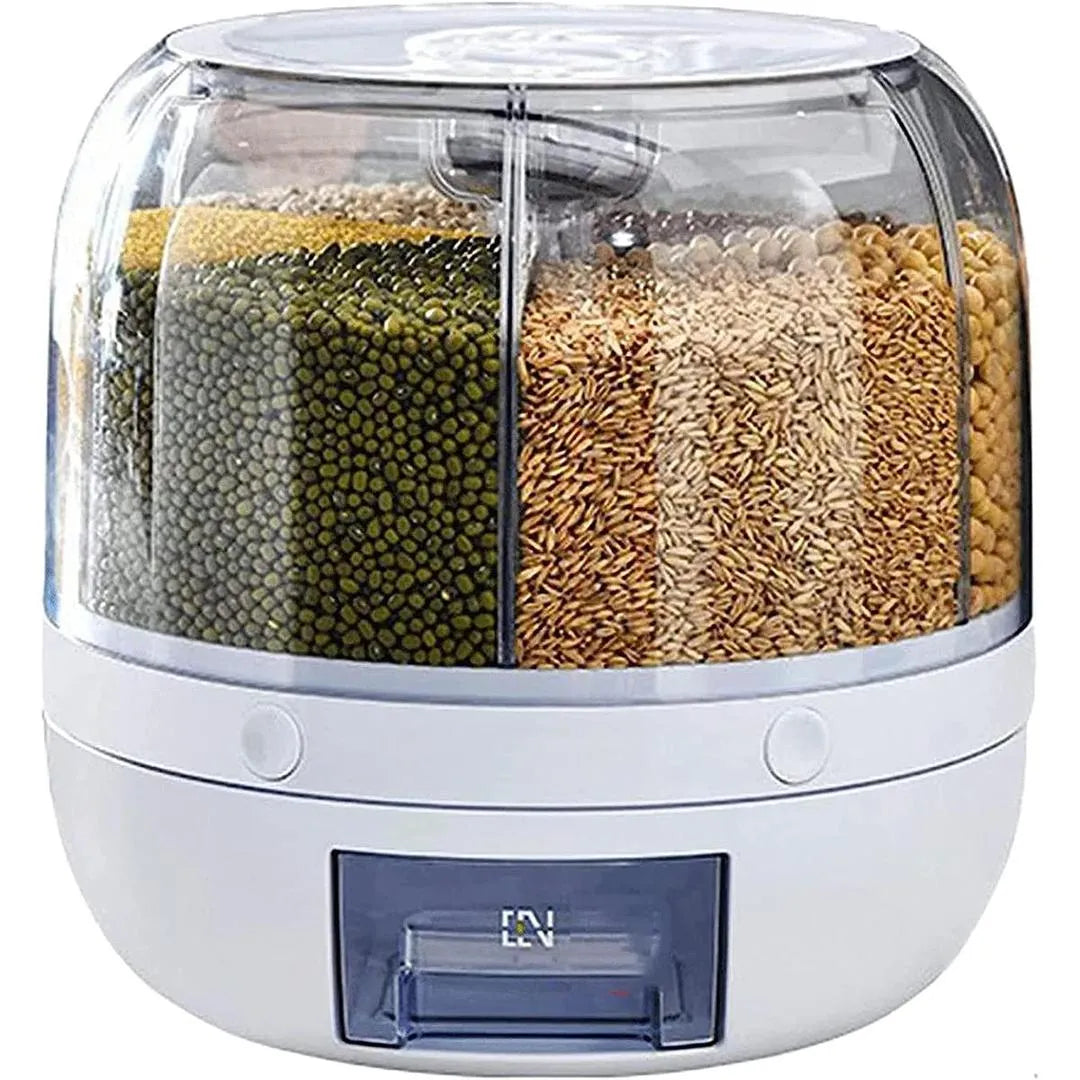 360° Rotating 6-Grid Grain Dispenser | Airtight Cereal & Rice Storage Container 7KG | Kitchen Organizer (Random Color)