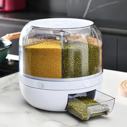 360° Rotating 6-Grid Grain Dispenser | Airtight Cereal & Rice Storage Container 7KG | Kitchen Organizer (Random Color)