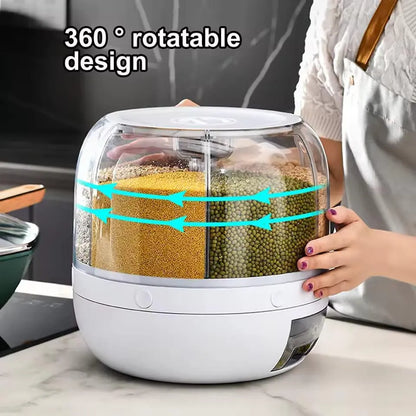 360° Rotating 6-Grid Grain Dispenser | Airtight Cereal & Rice Storage Container 7KG | Kitchen Organizer (Random Color)