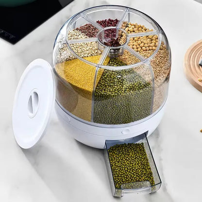 360° Rotating 6-Grid Grain Dispenser | Airtight Cereal & Rice Storage Container 7KG | Kitchen Organizer (Random Color)