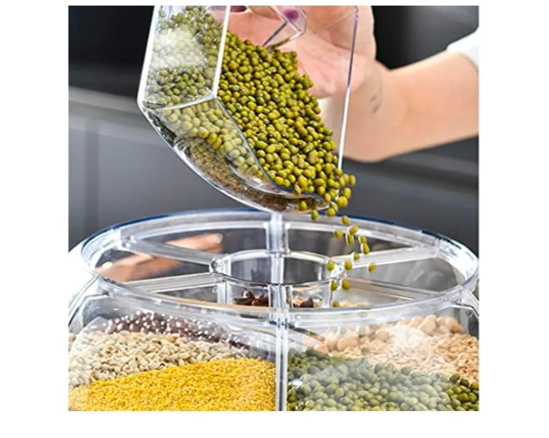 360° Rotating 6-Grid Grain Dispenser | Airtight Cereal & Rice Storage Container 7KG | Kitchen Organizer (Random Color)