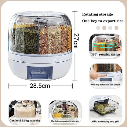 360° Rotating 6-Grid Grain Dispenser | Airtight Cereal & Rice Storage Container 7KG | Kitchen Organizer (Random Color)