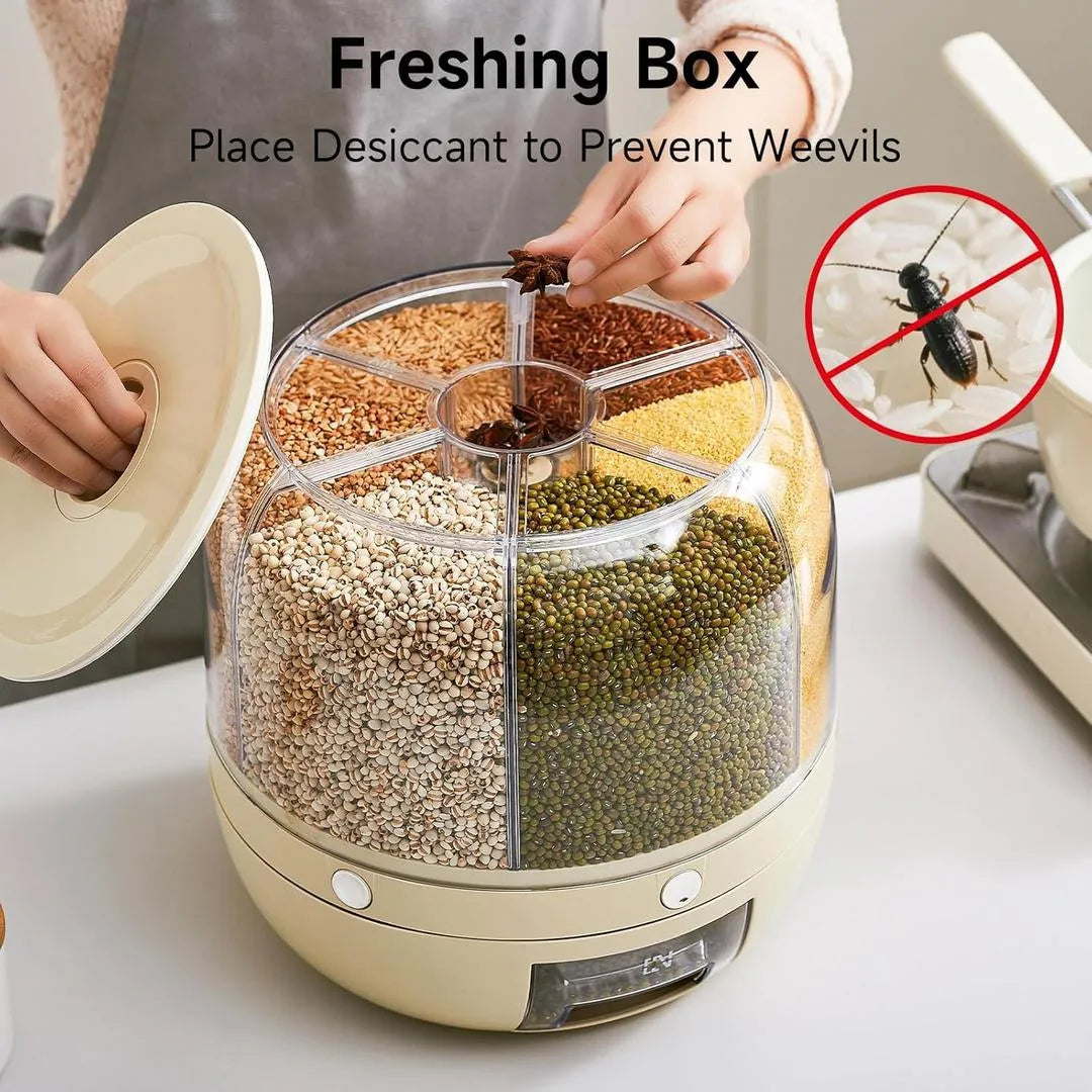 360° Rotating 6-Grid Grain Dispenser | Airtight Cereal & Rice Storage Container 7KG | Kitchen Organizer (Random Color)