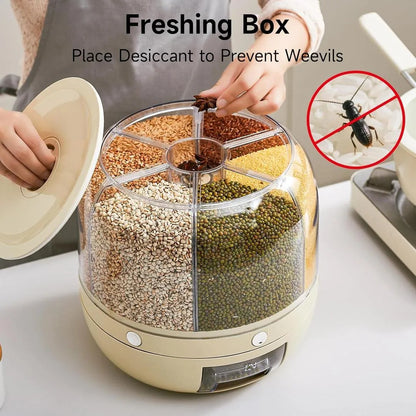 360° Rotating 6-Grid Grain Dispenser | Airtight Cereal & Rice Storage Container 7KG | Kitchen Organizer (Random Color)