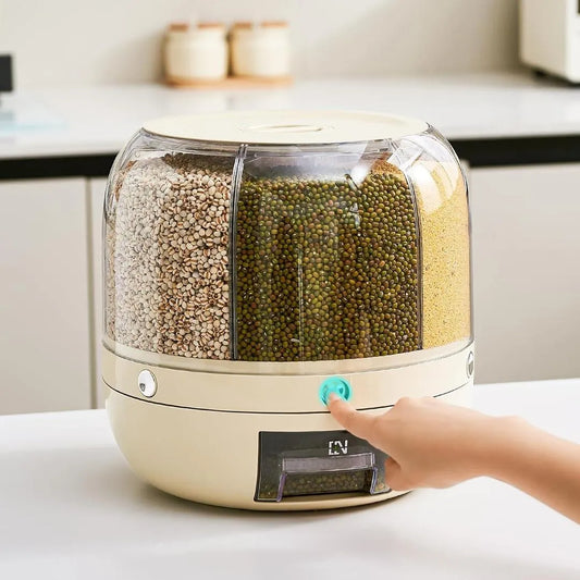 360° Rotating 6-Grid Grain Dispenser | Airtight Cereal & Rice Storage Container 7KG | Kitchen Organizer (Random Color)